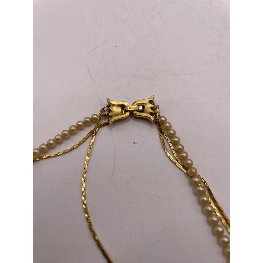 Vintage Crown Trifari© Gold Tone & Faux Pearl‎ Triple Strand Necklace 27